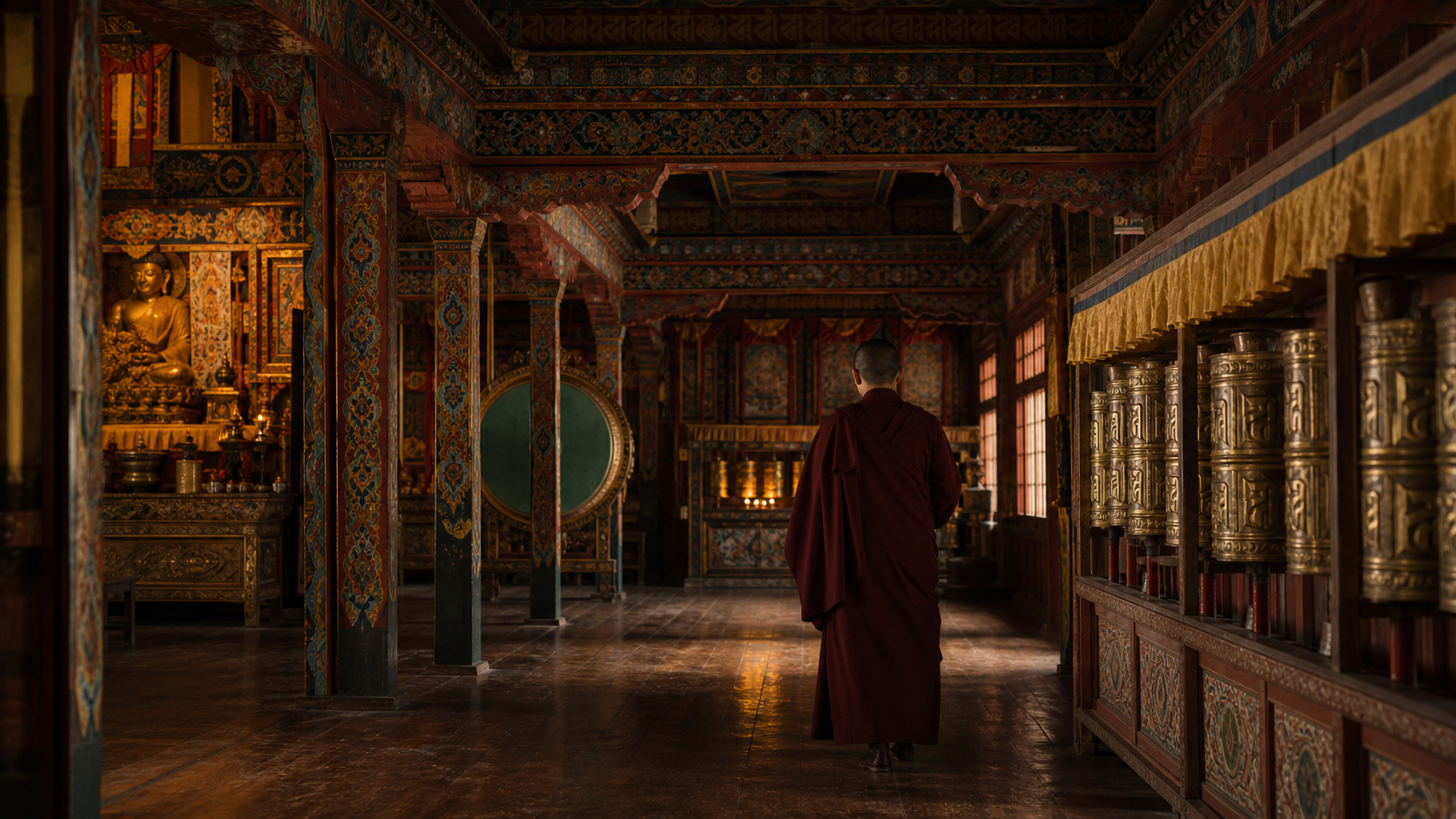 Ornate Himalayan monastery interior with warm cultural details
