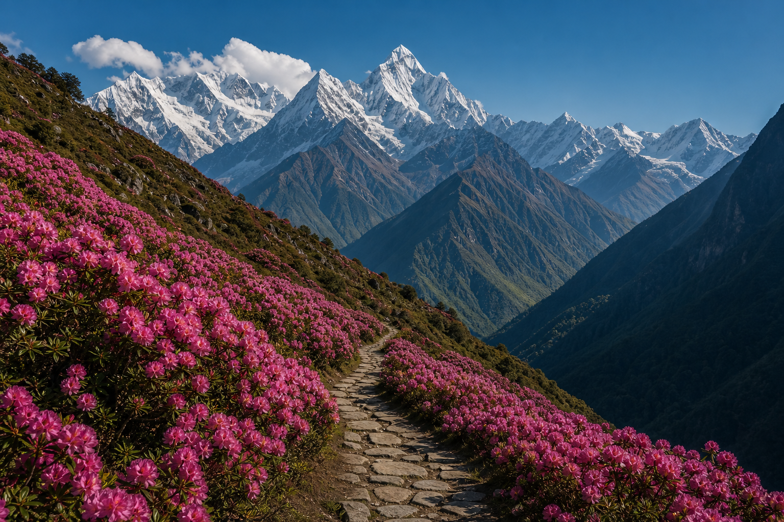 Mountain trekking trail leading toward snowy Himalayan peaks